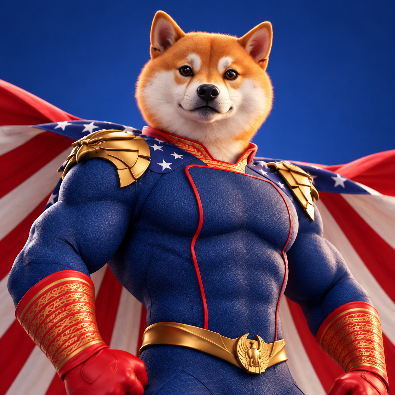 InuLander, a Shiba Inu explorer in a heroic blue and gold suit